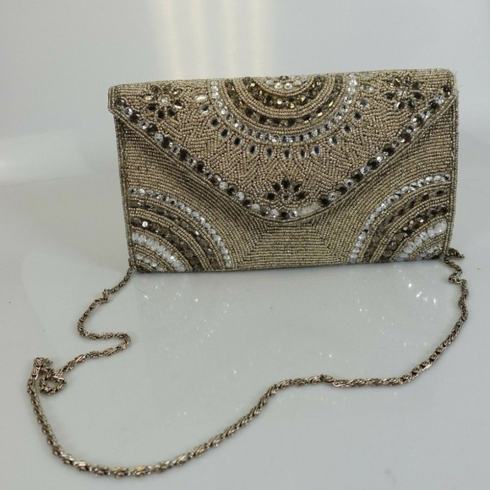 Boho Art Deco Crossbody Bag Gold Antique Glam Rhinestone Beads Party GLINT